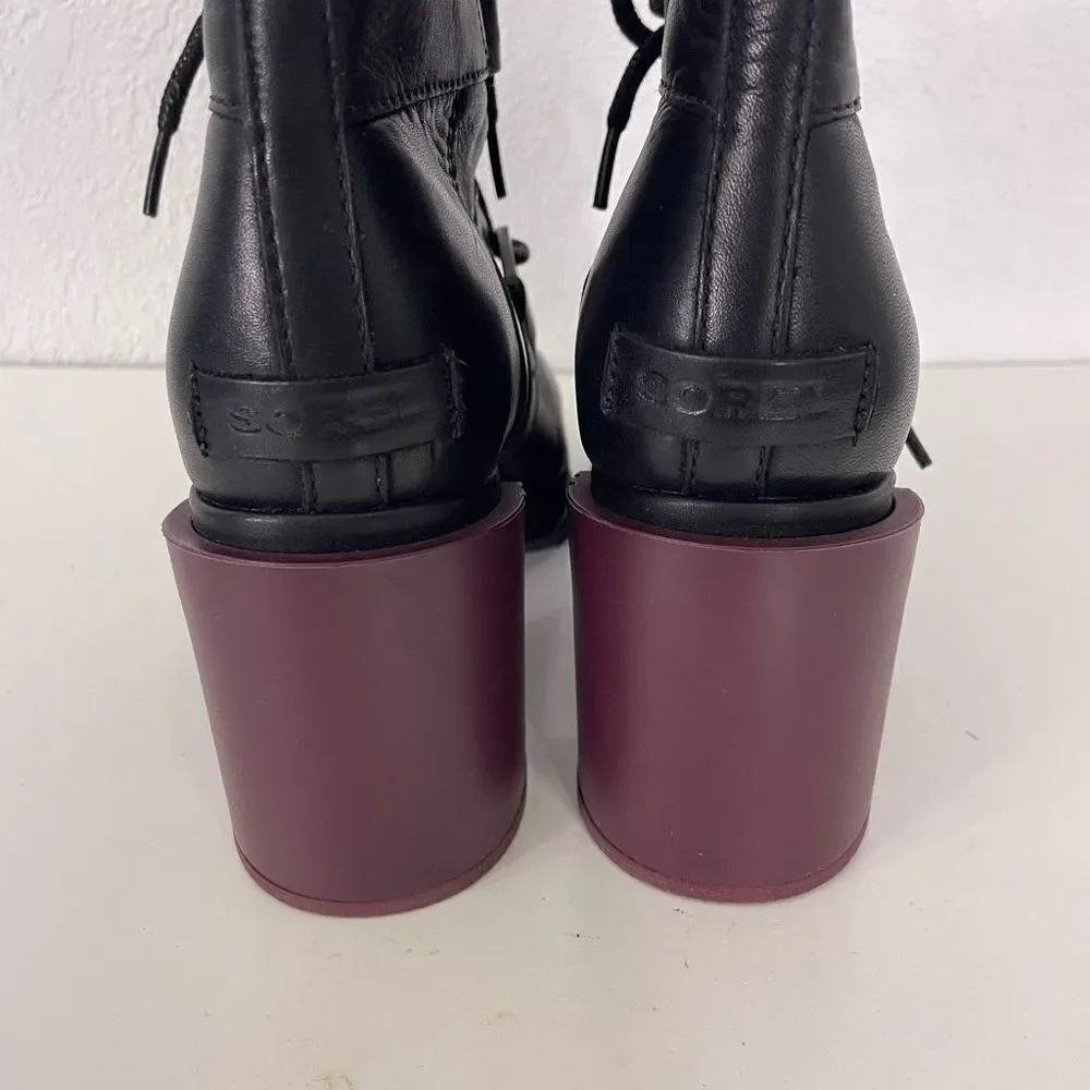 Sorel Black Leather Purple Heel‎ Margo Lace Up Block Heel Booties Size 8